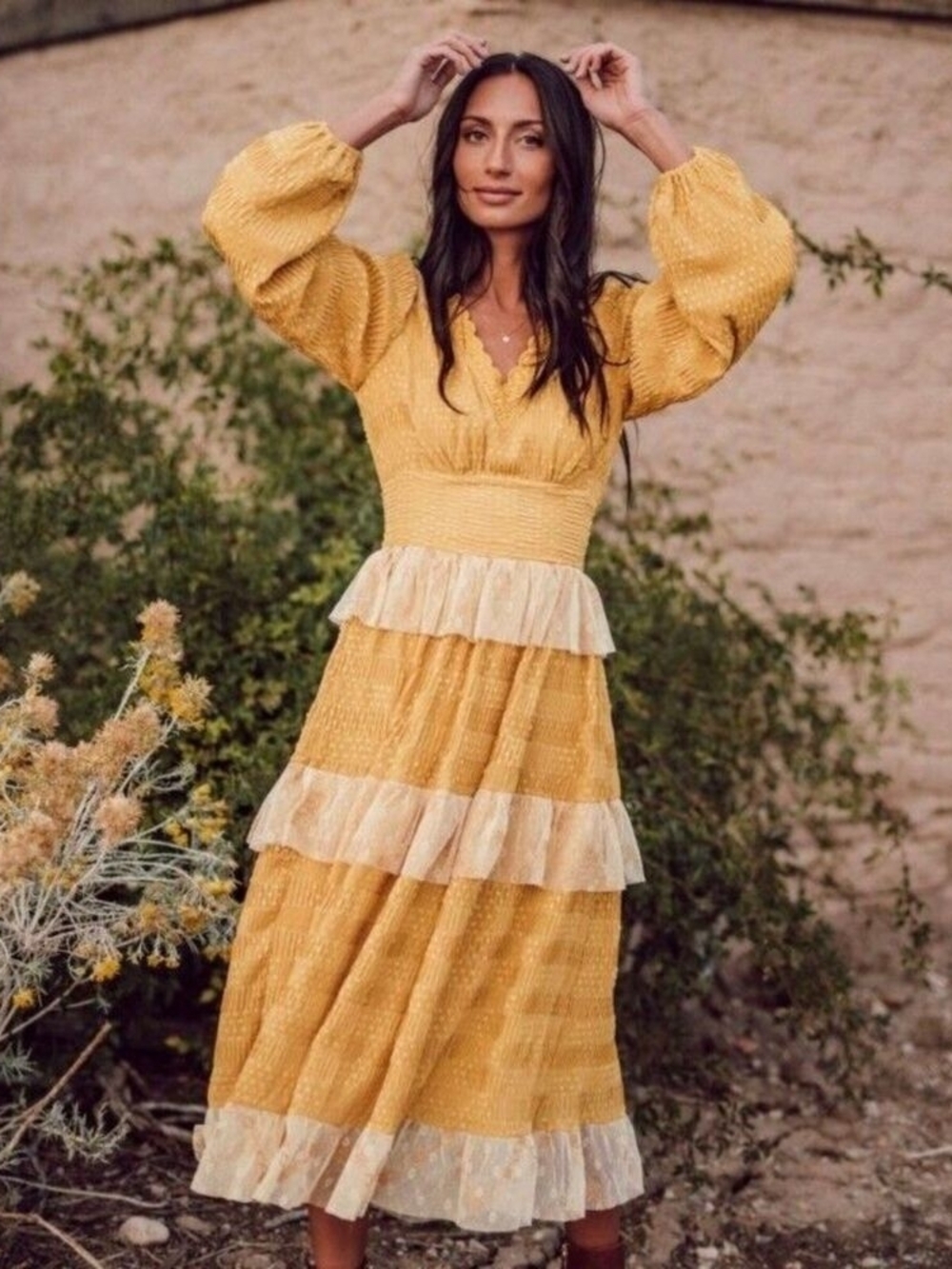 JessaKae Mustard Yellow Tiered Midi Dress with Puff Sleeves